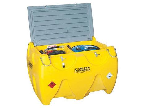 The Carrytank Transport Tank (Sparex Part Number: S.165886) is a bright yellow 1000-litre fuel storage container with a gray lid, designed to house fuel pumps and hoses inside. Labeled "EMILIANA SERBATOI" and featuring safety hazard symbols, it’s ideal for safely storing 900L of Diesel and 100L of AdBlue.