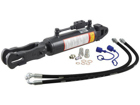 The image depicts a Sparex Hydraulic Levelling Box, including the hydraulic cylinder with a 90mm bore, hoses, connectors, and washers, all laid out on a white background. Notably, the set features a knuckle with a 28mm diameter and a fork hole measuring 29x60mm for versatile attachment options.