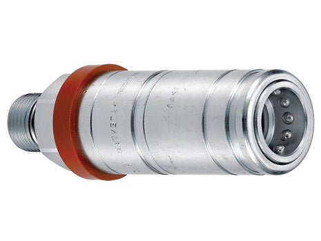 The Faster Quick Release Hydraulic Coupling Female 1/2'' Body x M22 x 1.50 Metric Male Thread by Sparex (Part Number: S.166050) features a red sealing ring and poppet valve, ideal for connecting and disconnecting fluid lines in machinery and equipment.