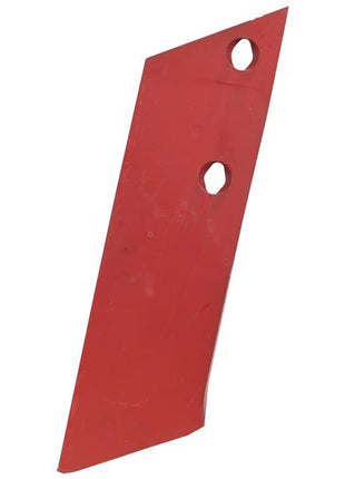 The item is a red metal plough point with two strategic holes, one near the top and another in the middle. Featuring a slanted rectangular shape, it appears to be a replacement part for agricultural machinery from brands like Agrolux, Kongskilde, and Overum. Specifically designed to fit part number 41659461009, this left-hand plough point has a thickness of 12mm and is identified as Sparex Part Number S.166116.