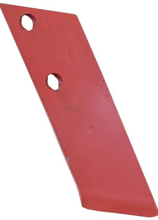 The Sparex Plough Point - RH, a 12mm thick red metal agricultural blade with two holes for attachment, is compatible with Agrolux, Kongskilde, and Overum systems. It can serve as a replacement for OE reference number 41659461109 under Sparex part number S.166117.