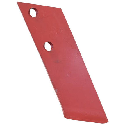 The Sparex Plough Point - RH, a 12mm thick red metal agricultural blade with two holes for attachment, is compatible with Agrolux, Kongskilde, and Overum systems. It can serve as a replacement for OE reference number 41659461109 under Sparex part number S.166117.