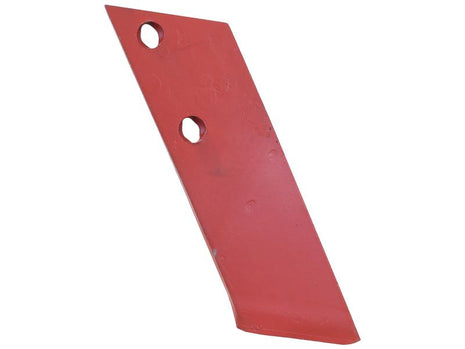 The Sparex Plough Point - RH, a 12mm thick red metal agricultural blade with two holes for attachment, is compatible with Agrolux, Kongskilde, and Overum systems. It can serve as a replacement for OE reference number 41659461109 under Sparex part number S.166117.