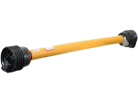 Image of a yellow driveline shaft with protective covers on both ends, showcasing the Sparex GARDLOC PTO Shaft - (Lz) Length: 1510mm, featuring a 1 3/8'' x 6 Spline Q.R. to 1 3/8'' x 6 Spline Overrunning Clutch (Clockwise), Sparex Part Number: S.166270, typically used in agricultural machinery for power transmission.