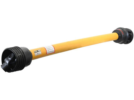 The Sparex GARDLOC PTO Shaft (Sparex Part Number: S.166272), with a length of 1510mm, a 1 3/8'' x 6 spline quick-release to a 1 3/8'' x 6 spline friction disc clutch, is a yellow drive shaft equipped with black universal joints at both ends. It features the Gardloc Clutch and is designed to transmit mechanical power in machinery. This shaft is suitable for PTO Series AB5/A5 applications and can handle up to 1000 Nm of torque.