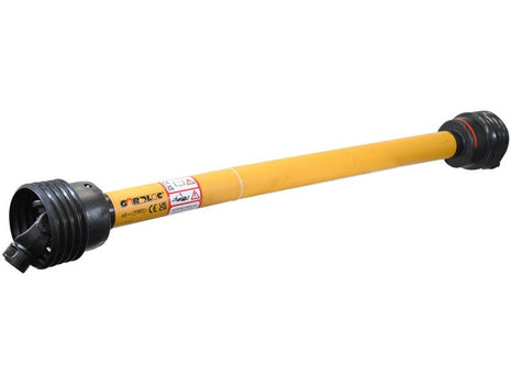 The GARDLOC PTO Shaft - (Lz) Length: 1510mm, featuring a yellow body with black ends and labeled branding in the center section, showcases the Gardloc HP Rating for enhanced performance. This model includes a 1 3/8'' x 6 Spline Q.R. to 1 3/8'' x 6 Spline Shear Bolt Limiter and is identified by Sparex Part Number: S.166273.