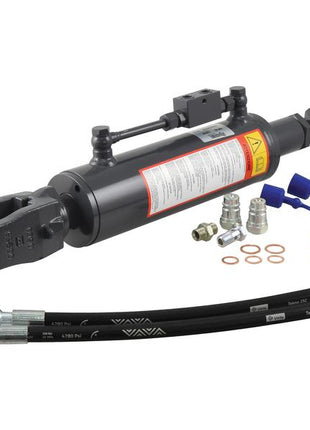 Hydraulic Levelling Box - Ball Ø 25mm, Fork Hole Ø 29x60mm (Sparex S.166475), a hydraulic cylinder assembly with an 80mm bore, featuring attached hoses, connectors, and additional fittings.