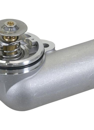 The Thermostat S.166932 from Sparex is a metal automotive thermostat housing featuring a cylindrical outlet for regulating engine temperature, and includes a round top cap with an attached mounting flange. This product ensures optimal engine performance across various temperature ranges.