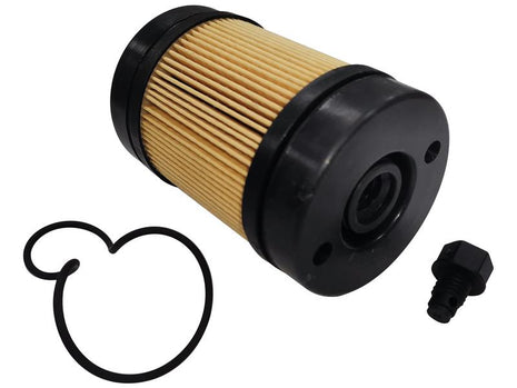 The Adblue Filter - Element (Sparex Part Number: S.167101) features a cylindrical design with a black top and bottom, an O-ring shaped like Mickey Mouse on the left, and a threaded plug on the right. It is compatible with Sparex accessories for efficient vehicle maintenance.