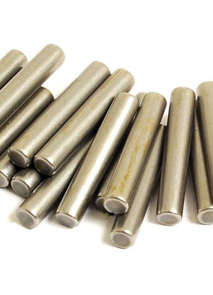 A pile of 50 Sparex Needle Bearings (Sparex Part Number: S.167595), resembling tiny silver dowel pins, lies scattered on a white surface.