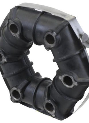 The PTO Rubber Drive Coupling 114mm by Sparex, part number S.167865, is a black rubber coupling featuring six circular openings. It is perfect for mechanical connections, offering precise hole centers to ensure a perfect fit. This high-quality product is endorsed by Sparex.