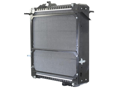 The Sparex S.168471 automotive radiator, designed for engine cooling, features a black frame and metallic coolant tubes with precise overall dimensions for optimal performance.