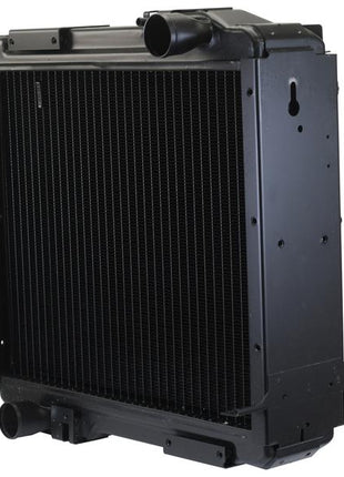 A rectangular black radiator, part number S.168473 from Sparex, is depicted with multiple fins and two hose connections for coolant attachment, featuring Sparex inlet and outlet points.