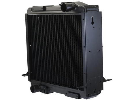 A rectangular black radiator, part number S.168473 from Sparex, is depicted with multiple fins and two hose connections for coolant attachment, featuring Sparex inlet and outlet points.