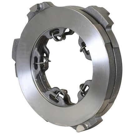 The Brake Actuator (Sparex Part No. S.168970) from Sparex is a metal mechanical component with a circular design, featuring several clamping mechanisms and angular protrusions, showcasing the precision reminiscent of Massey Ferguson's engineering.