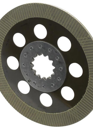 The Brake Friction Disc, known under Sparex Part Number S.168978, is a circular industrial metal disc with an outer diameter of 355mm. It features a central star-shaped hole and multiple round holes distributed around it, along with a textured outer edge. This design, akin to the Splines ID standard, ensures compatibility for various applications.