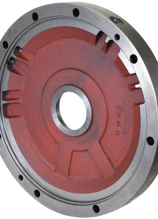 The Intermediate Brake Disc by Sparex (Part Number: S.169008) is a metal industrial component with a circular shape, featuring a red inner surface, central hole, an outer ring with multiple evenly spaced bolt holes, and notable thickness, with an outer diameter of 445mm.