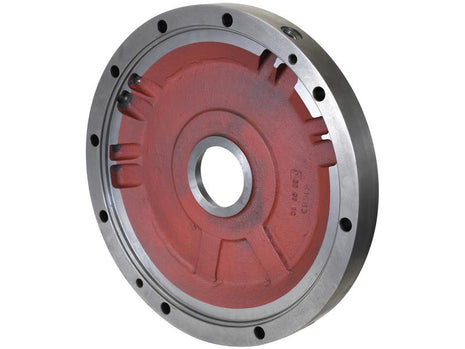 The Intermediate Brake Disc by Sparex (Part Number: S.169008) is a metal industrial component with a circular shape, featuring a red inner surface, central hole, an outer ring with multiple evenly spaced bolt holes, and notable thickness, with an outer diameter of 445mm.