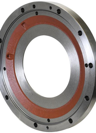 A circular metal mechanical part with a central hole, several smaller holes around the outer edge, and partially coated with red material, the Intermediate Brake Disc (Sparex Part Number: S.169027) by Sparex boasts a precise 445mm OD for optimal performance.