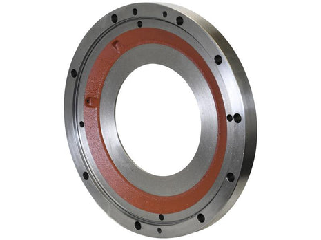 A circular metal mechanical part with a central hole, several smaller holes around the outer edge, and partially coated with red material, the Intermediate Brake Disc (Sparex Part Number: S.169027) by Sparex boasts a precise 445mm OD for optimal performance.