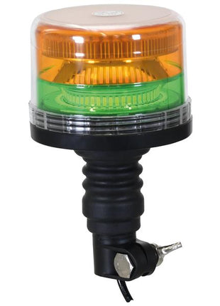 Image of a Sparex LED Rotating Beacon (Amber / Green) with an IP65 rating, mounted on a black rubber base with a flexible pin and included mounting bracket and Sparex Cable. This beacon, which operates at 12-24V DC and meets Interference Class 3 standards, is identified by Sparex Part Number S.169583.