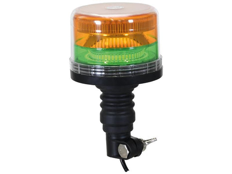 Image of a Sparex LED Rotating Beacon (Amber / Green) with an IP65 rating, mounted on a black rubber base with a flexible pin and included mounting bracket and Sparex Cable. This beacon, which operates at 12-24V DC and meets Interference Class 3 standards, is identified by Sparex Part Number S.169583.