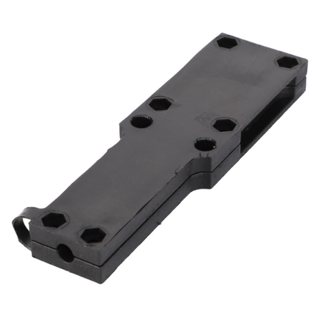 The AGCO Massey Ferguson - Housing - 1696854M2 is a black, rectangular metal or plastic component featuring six hexagonal screw holes and two indents on the longer sides, commonly used in Massey Ferguson 200 Series tractor parts.