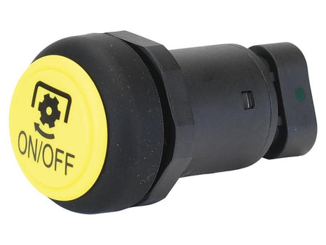 Close-up of the Push Button Switch by Sparex (Part Number S.169975), showcasing its black and yellow design, gear symbol, and "ON/OFF" text.