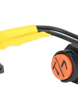 Introducing the Sparex Push Button Switch (Part Number: S.169977) - a round, orange push-button switch featuring a sleek black casing and attached wiring with a convenient connector at the end of the cable. This Push Type switch is designed to be compatible with various models and meets all Sparex standards.