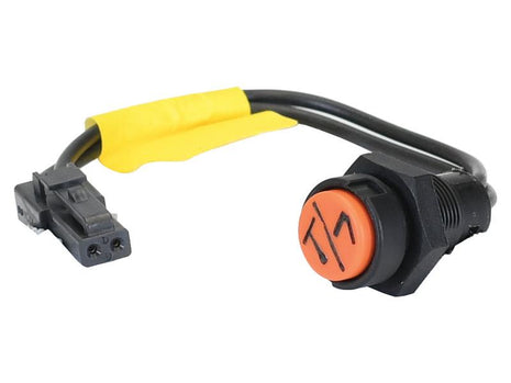 Introducing the Sparex Push Button Switch (Part Number: S.169977) - a round, orange push-button switch featuring a sleek black casing and attached wiring with a convenient connector at the end of the cable. This Push Type switch is designed to be compatible with various models and meets all Sparex standards.