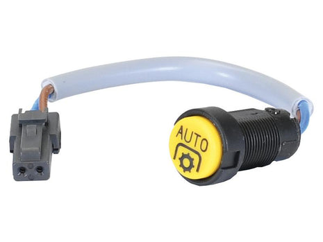 The Sparex Push Button Switch (Part Number S.169979) features a yellow "AUTO" button with a gear icon on a black switch, connected to a short gray connector cable with a plastic plug at the end. This component integrates seamlessly with Push Type systems, ensuring compatibility and reliability.