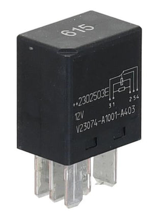 A Sparex black electrical relay, branded with the part number S.170304, features four metal prongs at the bottom, is labeled "615" on the top, and includes a diagram and technical specifications on the side; it is compatible with Massey Ferguson tractors.