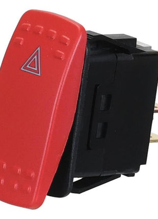 This red, rectangular Hazard Light Switch - Rocker (Sparex Part Number: S.170331), adorned with a white triangle symbol, features three metal terminals on the back. Known as the Sparex Button, its push-fit design ensures easy installation and reliable performance.