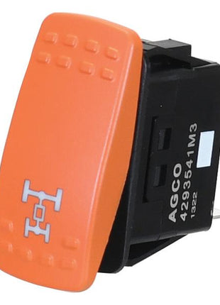 The Sparex 4WD Switch (Sparex Part No. S.170334), featuring an orange AGCO 4293541M3 rocker switch with a white logo and text on the front, is attached to a black rectangular base and is ideal for Massey Ferguson tractors.