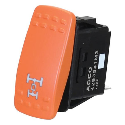 The Sparex 4WD Switch (Sparex Part No. S.170334), featuring an orange AGCO 4293541M3 rocker switch with a white logo and text on the front, is attached to a black rectangular base and is ideal for Massey Ferguson tractors.