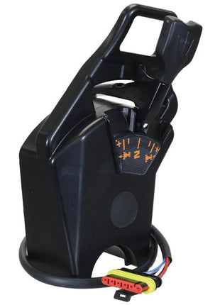 The Dynashift lever by Sparex (Sparex Part Number: S.170346) is a black plastic device with a handle, cables, and connectors on the bottom. It also features a Sparex Button for easy 12V activation.