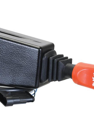 Introducing the Forward/Reverse Lever Switch by Sparex (Part Number: S.170348), a black and orange joystick control with a cable and connector, commonly used for machinery or equipment operation, now featuring a red Sparex button for enhanced functionality. Suitable for 12V systems.