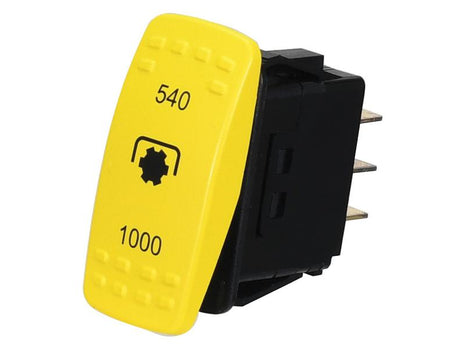 The Sparex PTO Switch (Part Number: S.170368) is a black and yellow rocker switch featuring a gear symbol in the center, displaying "540" and "1000." This latching switch is compatible with 12V systems.