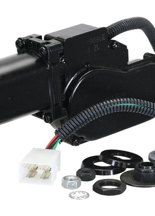 A black wiper motor 12V (Sparex Part No.S.170381) with wiring, accompanying washers, nuts, and a connector plug is neatly arranged on a white background. This setup offers the reliability you expect from high-quality Sparex parts for your Massey Ferguson vehicles.