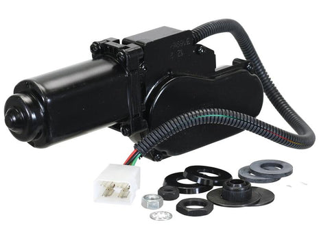 A black wiper motor 12V (Sparex Part No.S.170381) with wiring, accompanying washers, nuts, and a connector plug is neatly arranged on a white background. This setup offers the reliability you expect from high-quality Sparex parts for your Massey Ferguson vehicles.