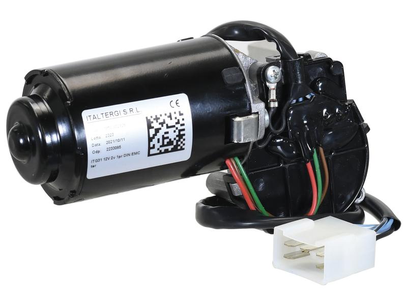 A black Sparex Wiper Motor 12V (Sparex Part No. S.170383) comes with attached wiring, a white connector, and features a QR code and specifications label.