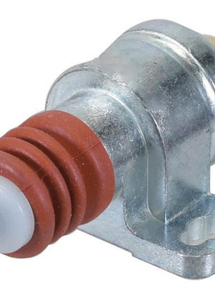 A close-up of the Brake Light Switch by Sparex (Part Number: S.170387) features a metallic body with a red rubber cover and a white button.