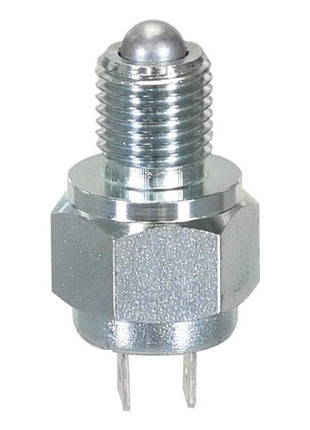 The Clutch Pedal Switch by Sparex, identified by part number S.170396 and Tariff Code 8708991055, is a cylindrical metal switch featuring a threaded body, a hexagonal base, and two prongs extending from the bottom.