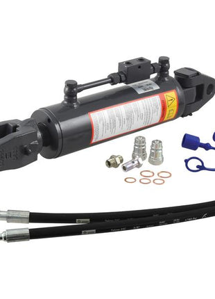 A Sparex Hydraulic Levelling Box, featuring a hydraulic cylinder with attached hoses, knuckles measuring Ø 32mm, mounting hardware, protective covers, and a Fork Hole Ø 32x77mm for optimal performance. Sparex Part Number: S.170583.