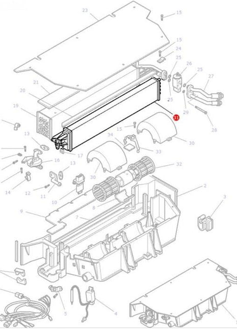 Exploded view diagram displaying the various components and parts of an air conditioning unit, with each part labeled by numbered identifiers. Features genuine OEM parts appropriate for the Massey Ferguson tractor series, including the AGCO brand's Massey Ferguson Cab Heater Radiator - 3909802M91.