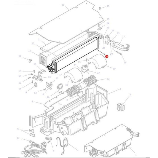 Exploded view diagram displaying the various components and parts of an air conditioning unit, with each part labeled by numbered identifiers. Features genuine OEM parts appropriate for the Massey Ferguson tractor series, including the AGCO brand's Massey Ferguson Cab Heater Radiator - 3909802M91.