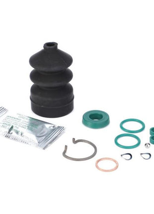 The Massey Ferguson Repair Kit, Master Cylinder (1810833M91) includes a rubber boot, green and blue seals, a metal ring, washers, and a packet of lubricant. As all components are Genuine AGCO Parts, you can be assured of the highest quality for your repair needs.