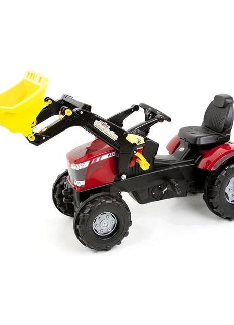 The AGCO Massey Ferguson 7726 Pedal Tractor and Loader (X993070611133) comes in red and black, featuring a front yellow loader scoop, a black seat, and large black wheels.