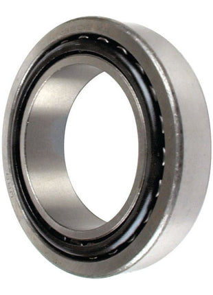 A metal ball bearing with an outer cylindrical ring and an inner cylindrical core, separated by a race containing ball bearings, similar to the Sparex Taper Roller Bearing (30310) - S.18235 by Sparex.