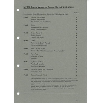 188 Workshop Manual - 1856001M1 - Massey Tractor Parts